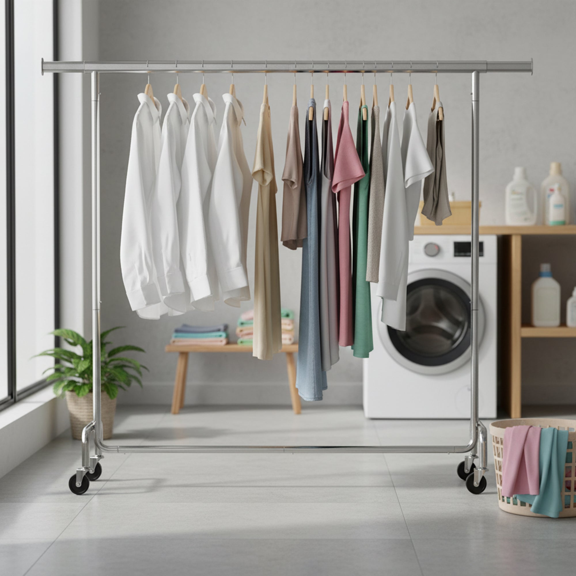Portant à vêtements sur roulettes, tringle extensible, charge maximale 110 kg, argent - 3