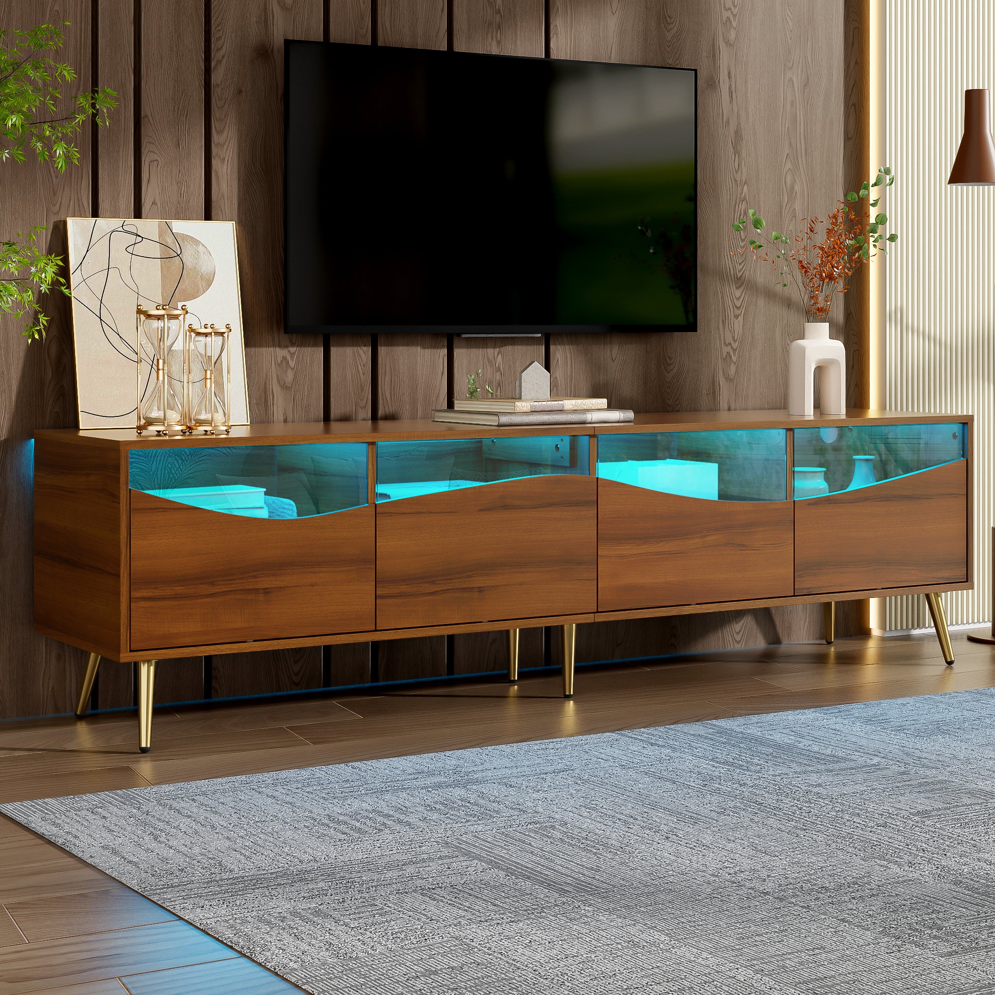 Meuble TV Moderne 180cm Avec éclairage LED Et Portes Vitrées - Blanc Et Doré - Rangement Spacieux Pour Salon