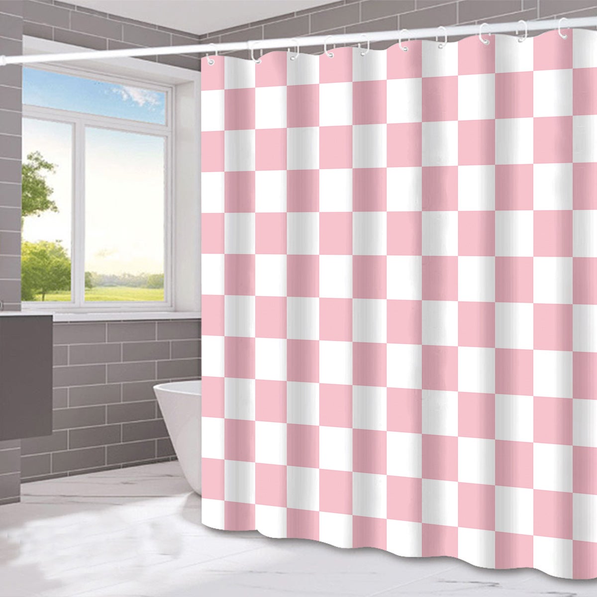 pieza de cortina de ducha a cuadros rosa y blanca, cortina de