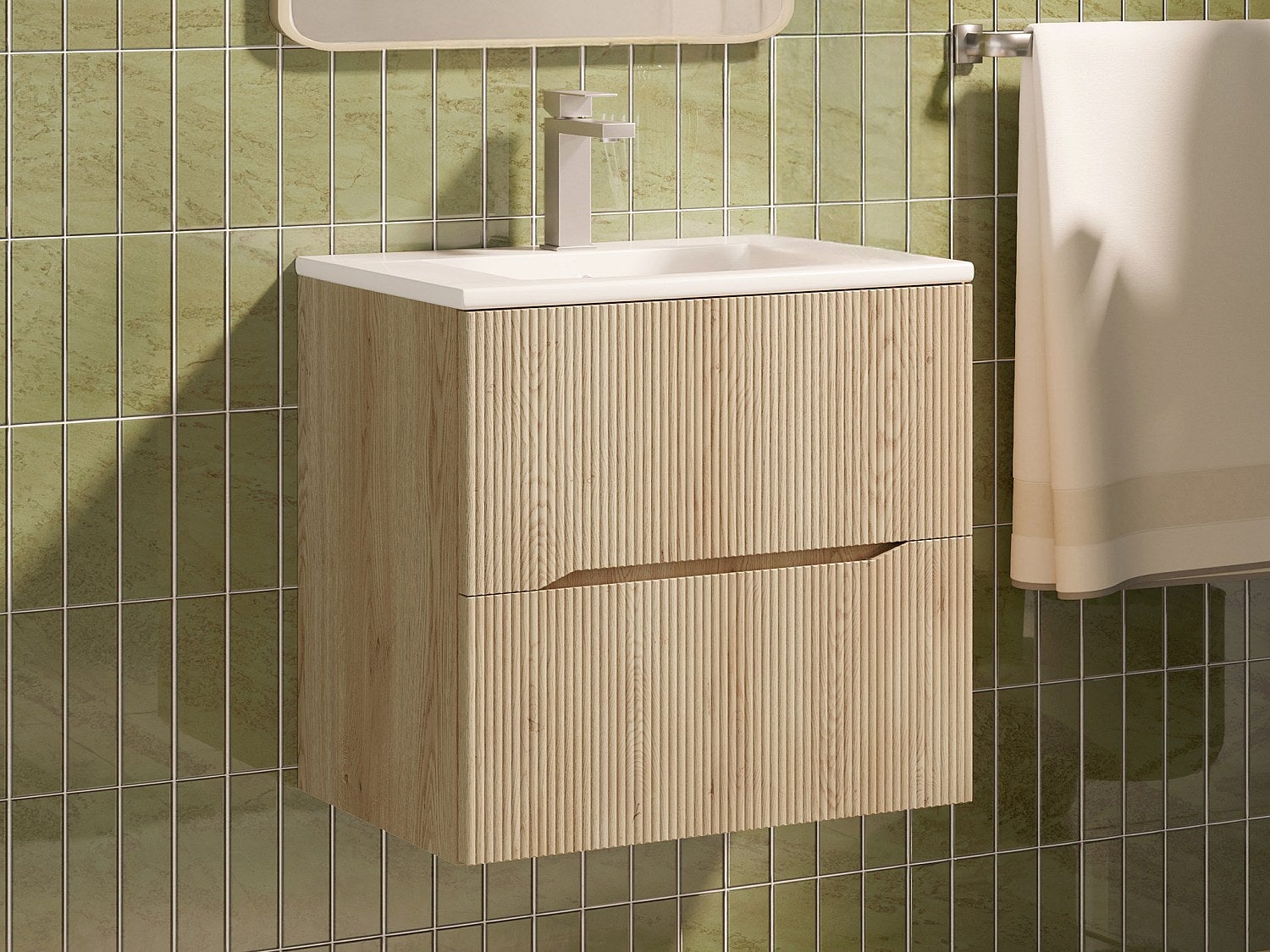 Podwieszana szafka łazienkowa prążkowana z i umywalką nablatową - Jasny naturalny - 60 cm - ORISO