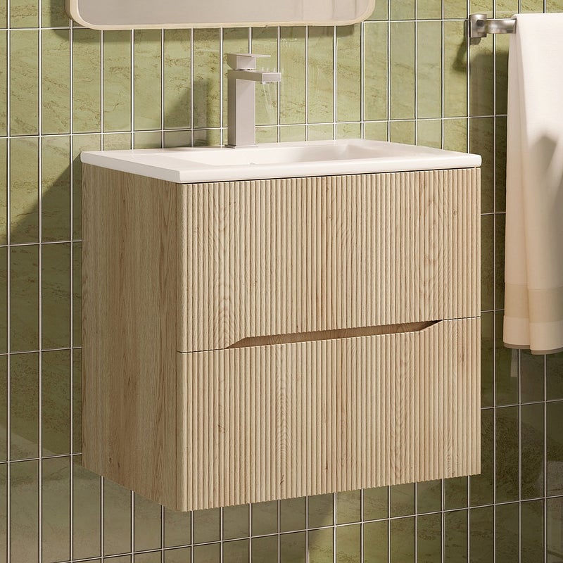Podwieszana szafka łazienkowa prążkowana z i umywalką nablatową - Jasny naturalny - 60 cm - ORISO