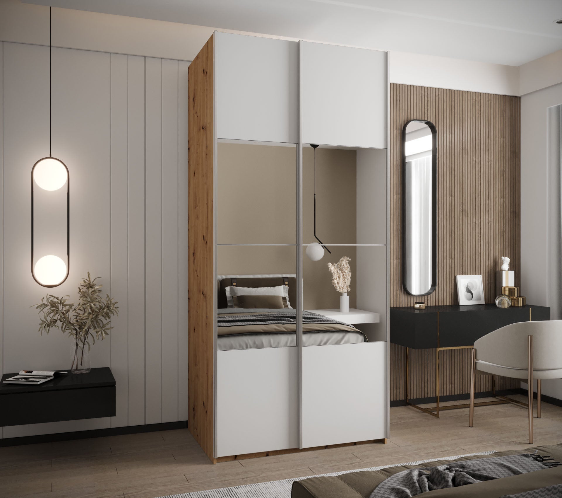 Szafa przesuwna wysoka Lux 4 120 x 64 x 245,5 cm artisan + biały + u. srebrny - Abiks Meble - 2