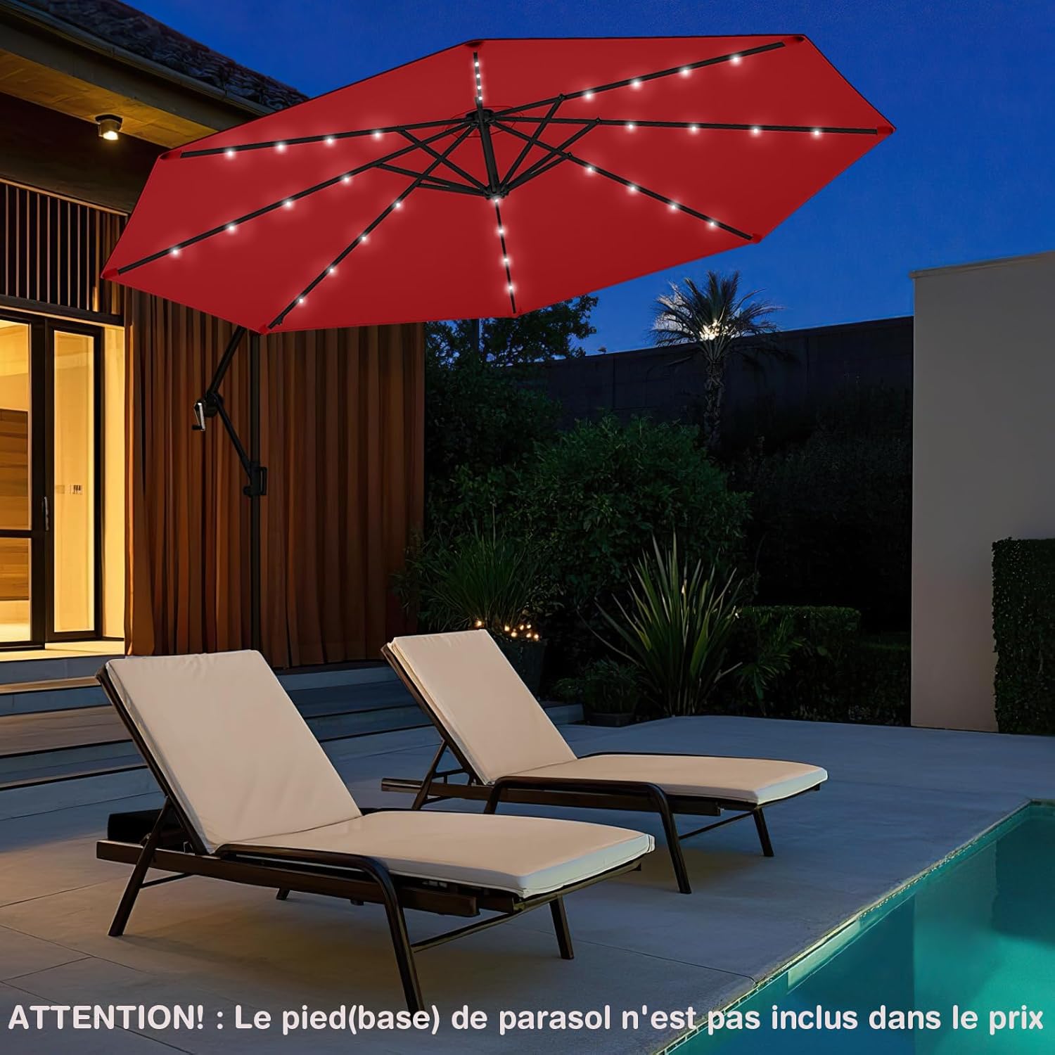 Parasol Déporté 3M avec 32 LED Solaires, Parasol de Jardin 8 Baleines avec Tissu Protection Solaire, Parasol Inclinable Rotatif à 360° (Rouge) - 8
