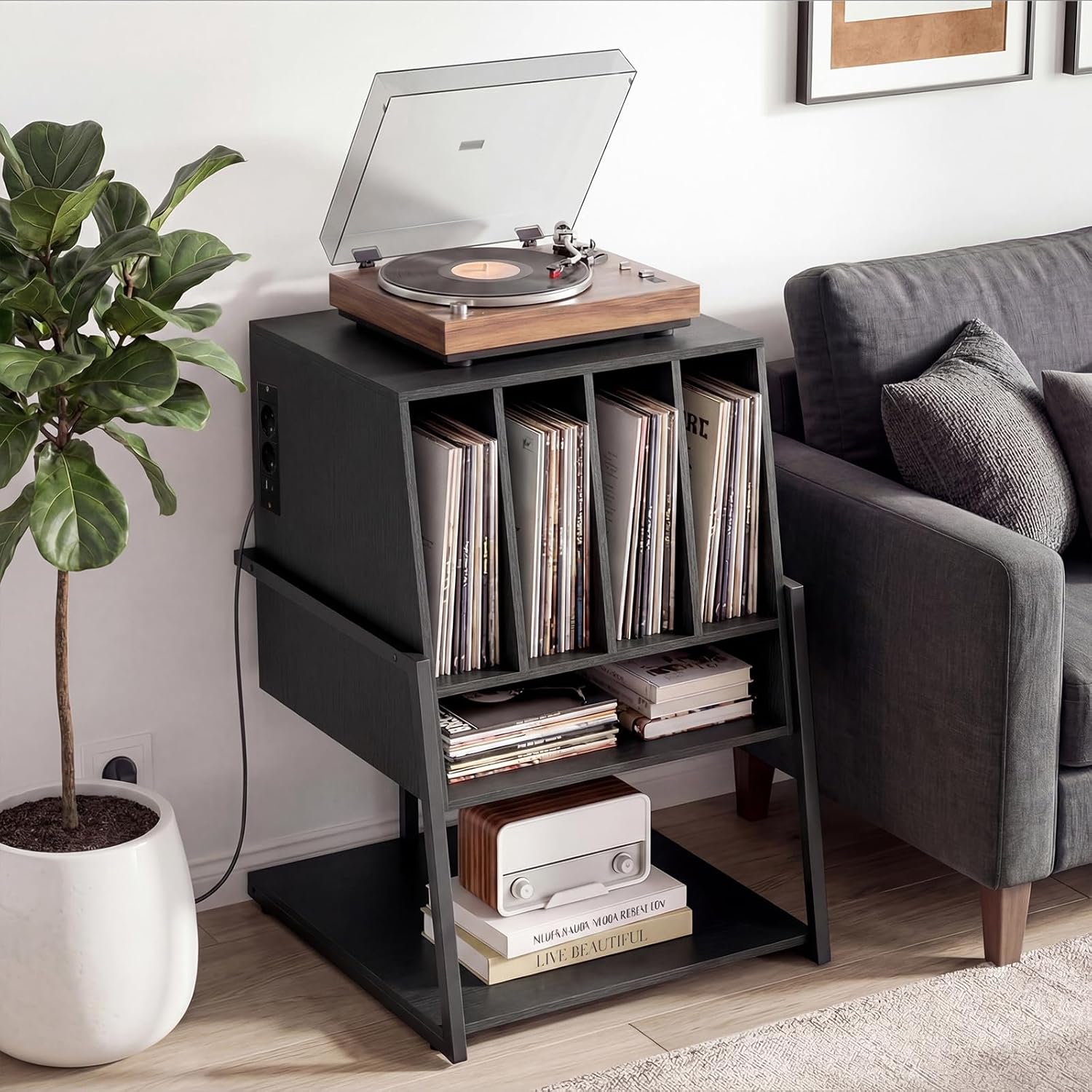 Meuble Platine Vinyle avec Prise jusqu'à 180 Vinyle, 4 roulettes, Étagères, 5 Compartiments, Support Tourne Disque pour CD, DVD, Manga, Livres, Noir - 2