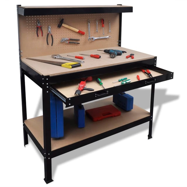 Banco da lavoro con pannello di ganci e cassetto, facile da installare, 115*55*140 cm, ampio spazio di stoccaggio, con ganci