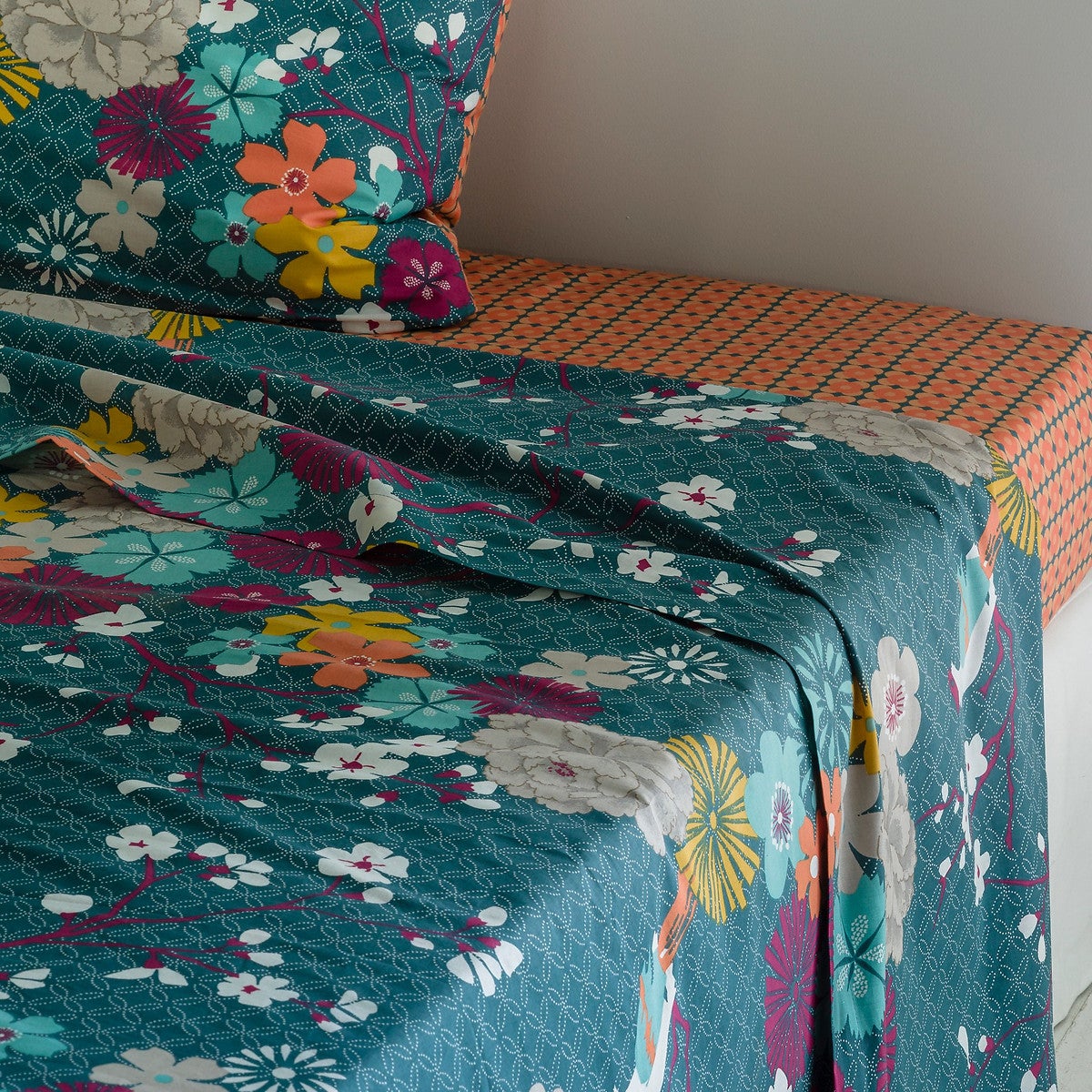 Drap coton, Miss China - Imprimé bleu canard - 240 x 290 cm - 6