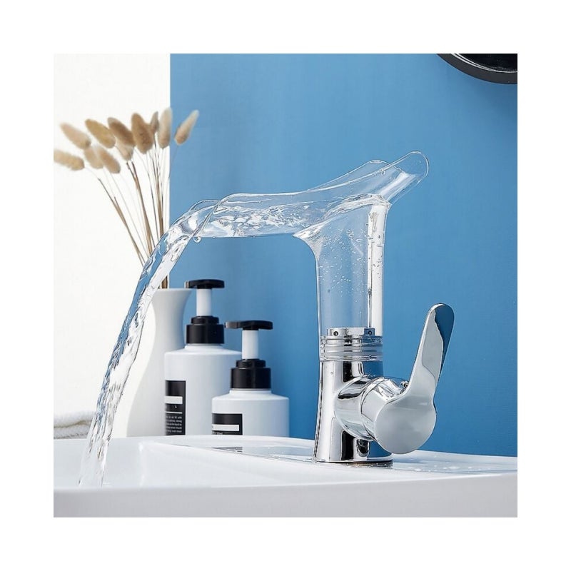 Przezroczysta bateria umywalkowa typu wodospad, bateria umywalkowa do łazienki, bateria jednouchwytowa, dostępna z ciepłą i zimną wodą