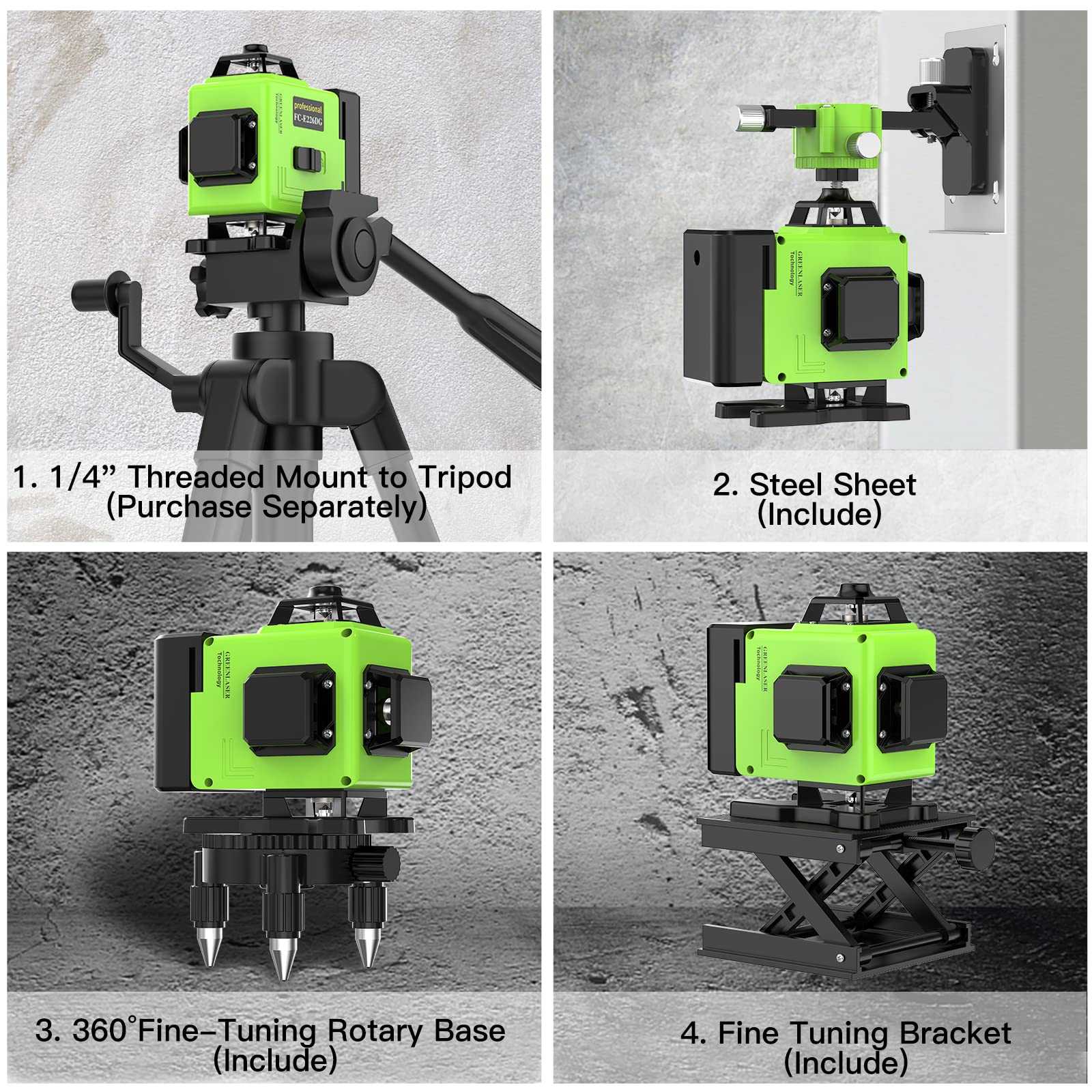 Laser 360°x 4, Autonivelant Niveau Laser Vert Chantier à Ligne Croisée Verticale et Horizontale 3D, IP54, avec Sac de Protection et 2 Piles AA - 3