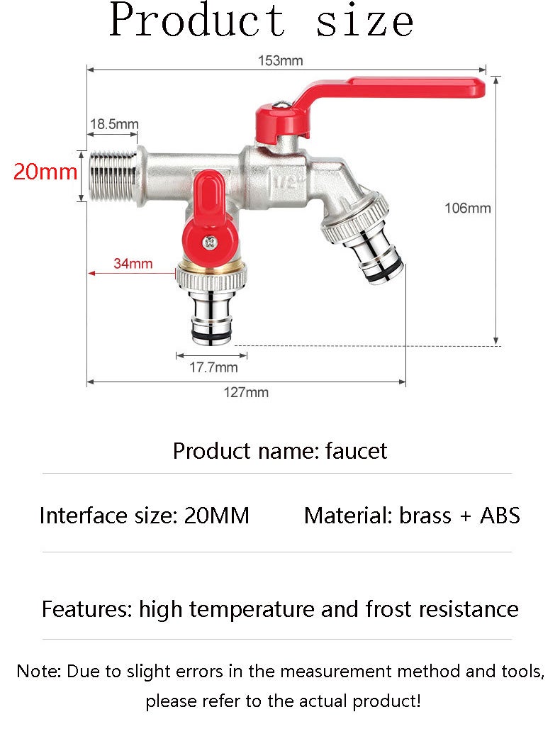 Robinet d'arrosage multifonction 1 en 2 pour machine à laver, jardin, pelouse, dents externes de 20 mm (rouge) - 2