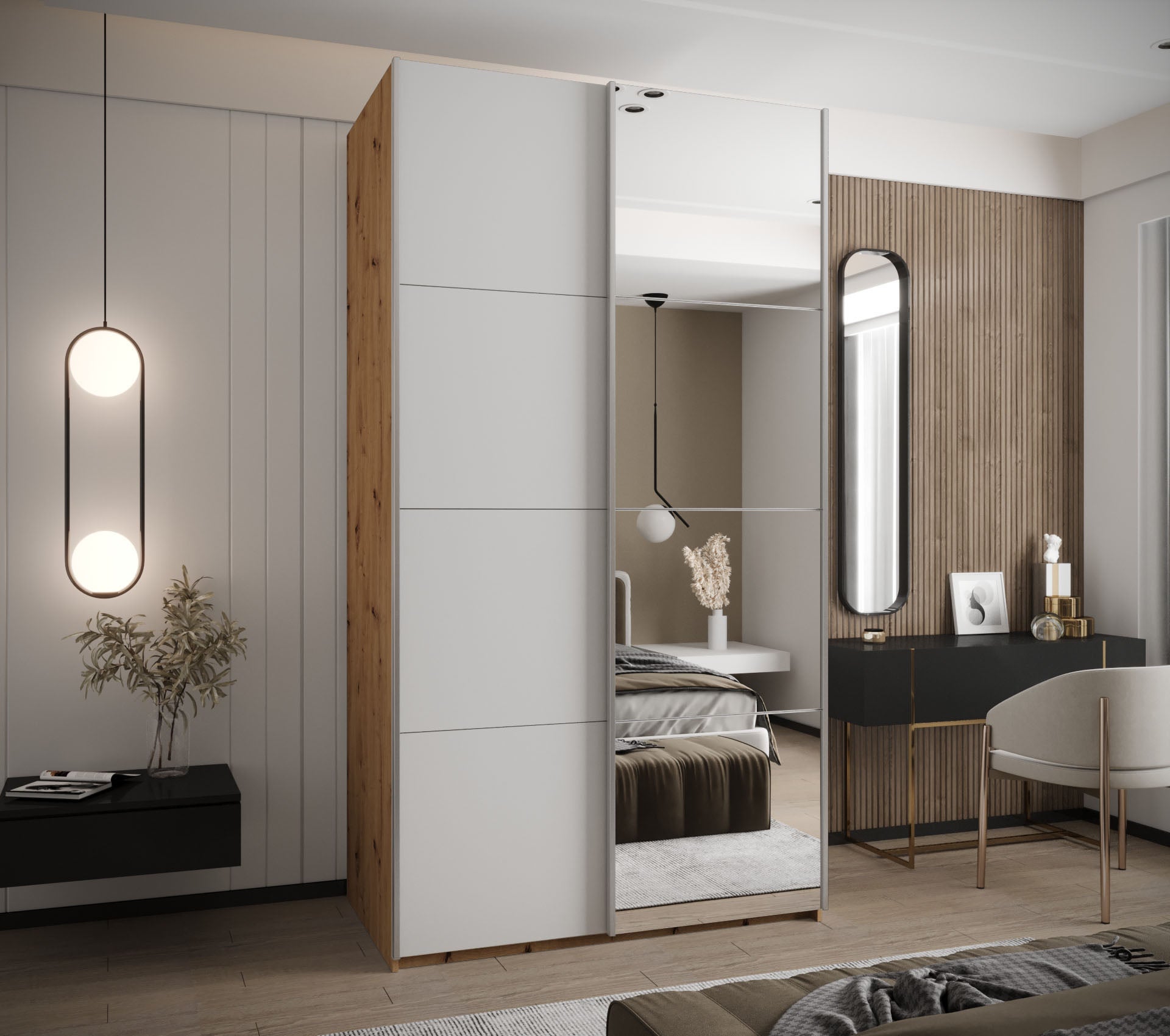 Szafa przesuwna wysoka Lux 3 140 x 64 x 245,5 cm artisan + biały + u. srebrny - Abiks Meble - 2