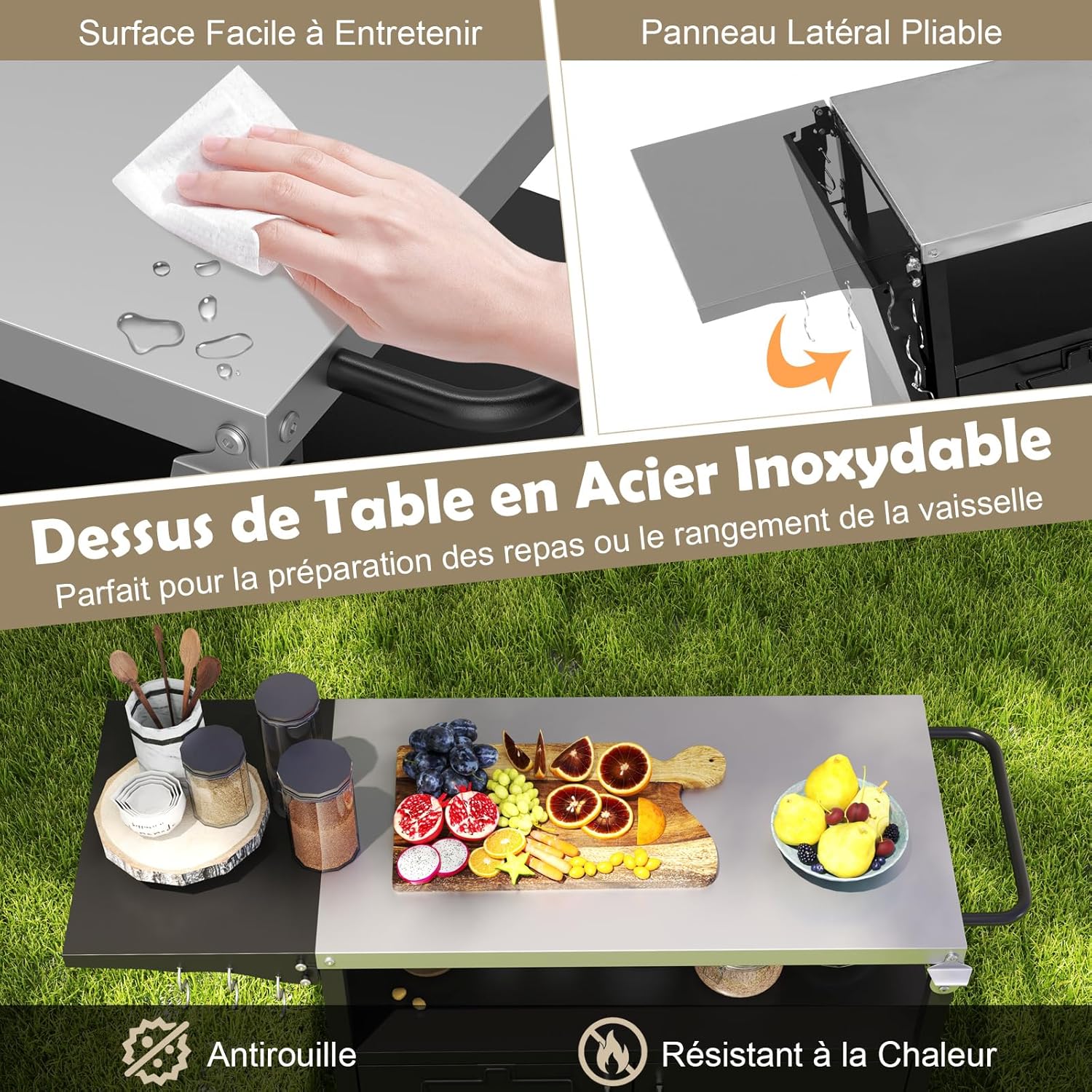 Desserte Jardin pour Plancha Barbecue 3 Niveaux, Îlot Cuisine avec Plan de Travail Pliant,Porte-Serviettes,Charge 100KG,127x50x84CM - 9