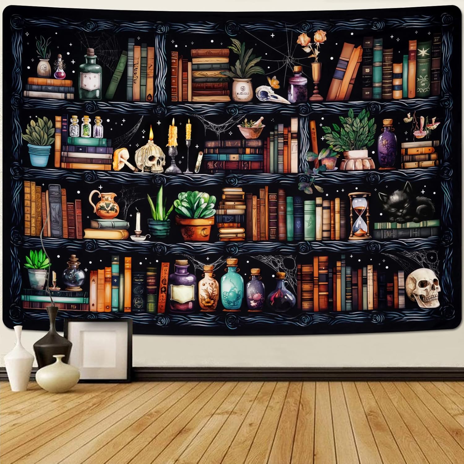 Gobelin biblioteczny, magiczny gobelin książkowy, czarny kot wiszący gobelin do dekoracji sypialni (51,2 x 59,1 cala)