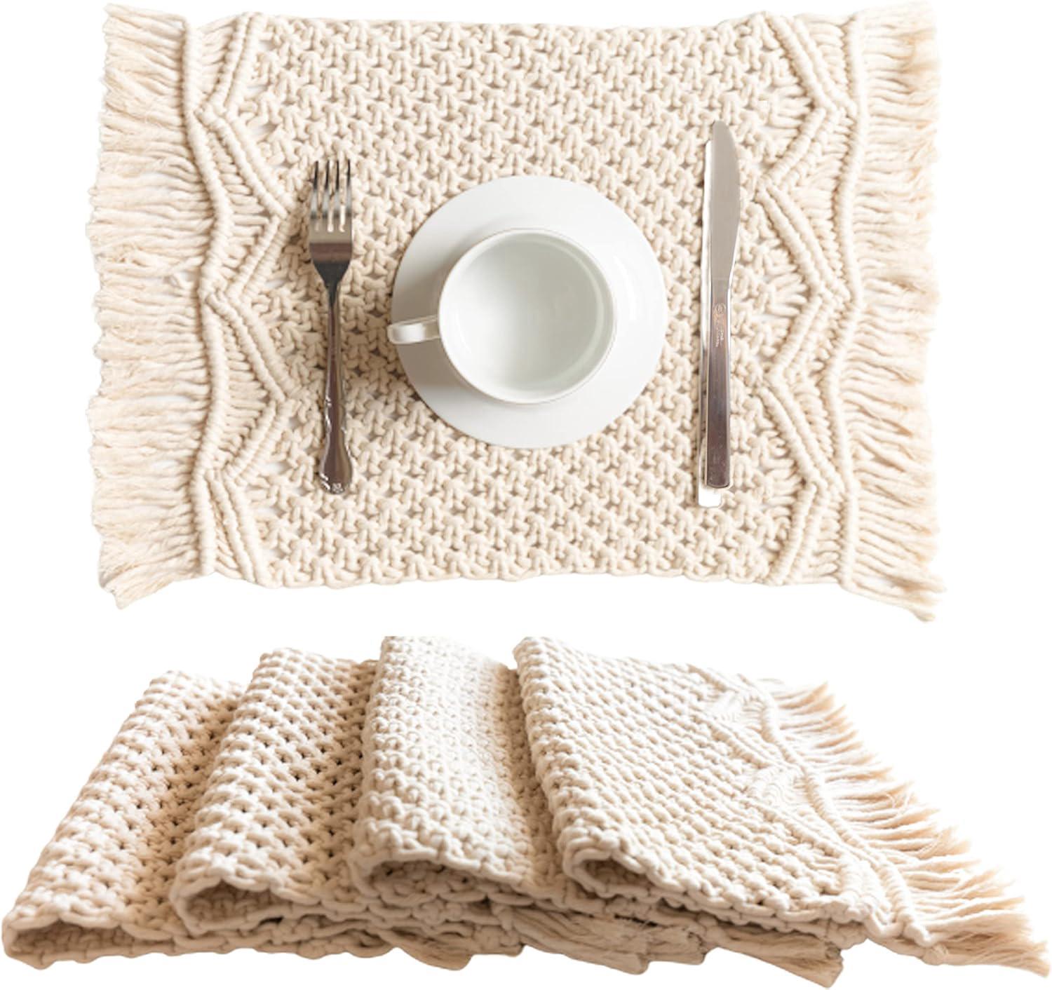 Set Di 12 Tovagliette Bohémien In Macramè – Fatte A Mano In Cotone 100% Con Frange, 30,5x50,8 Cm Beige