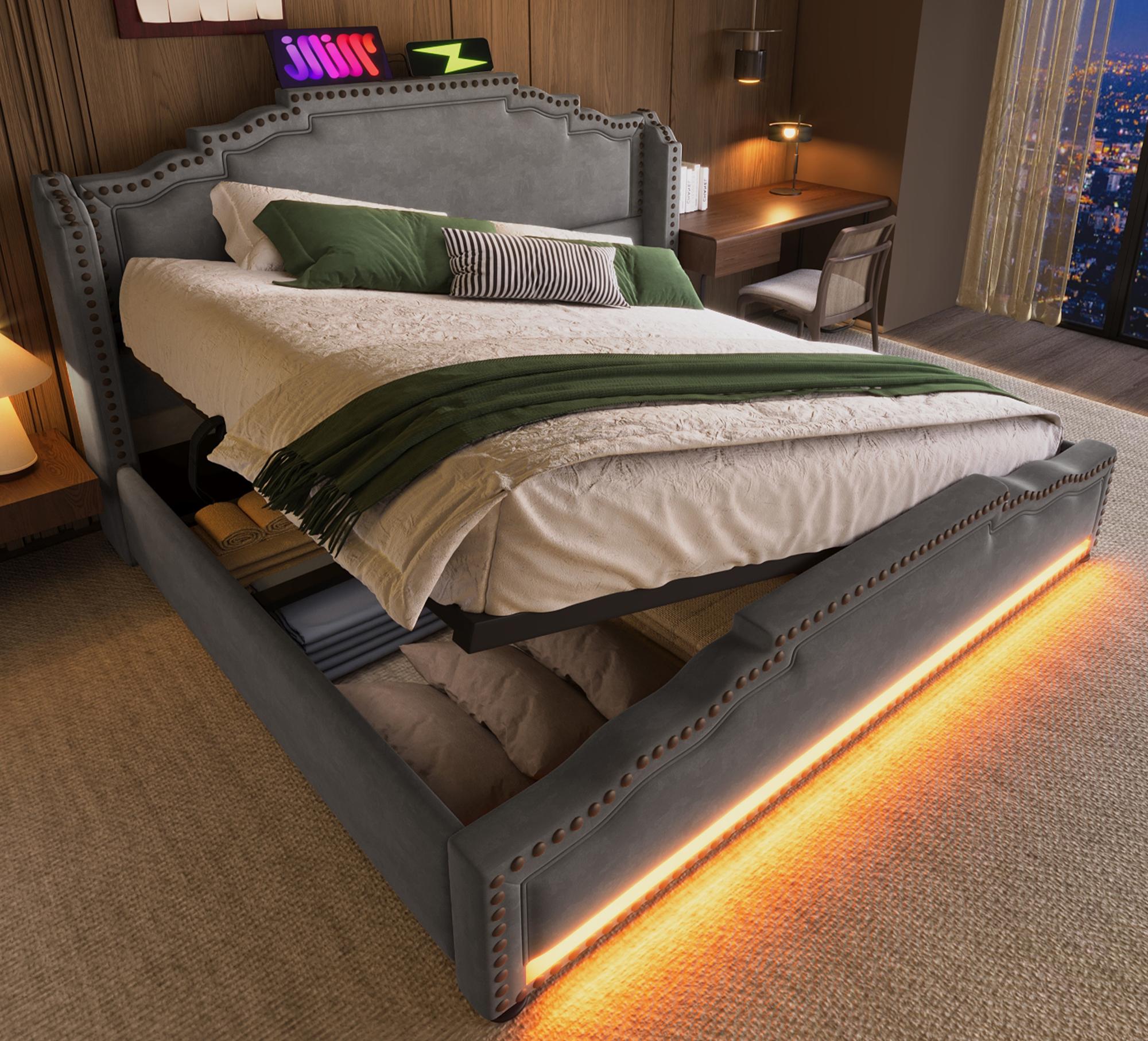 Tapicerowane łóżko skrzyniowe 140 x 200 cm - z funkcją ładowania USB i diodą LED w podnóżku - Szare