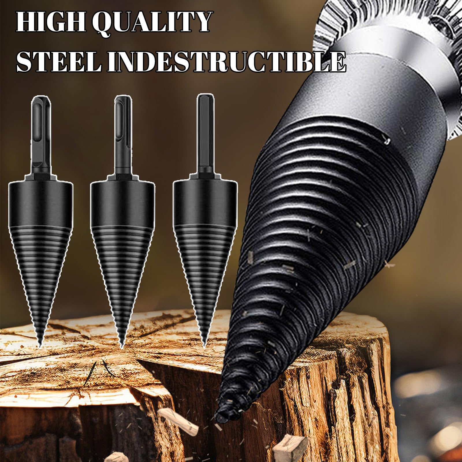 Cône Fendeur à Bois 50 Mm Pour Perceuse - Foret Interchangeable - Pour Bûches Jusqu'à 25 Cm - Poignées Incluses - 8