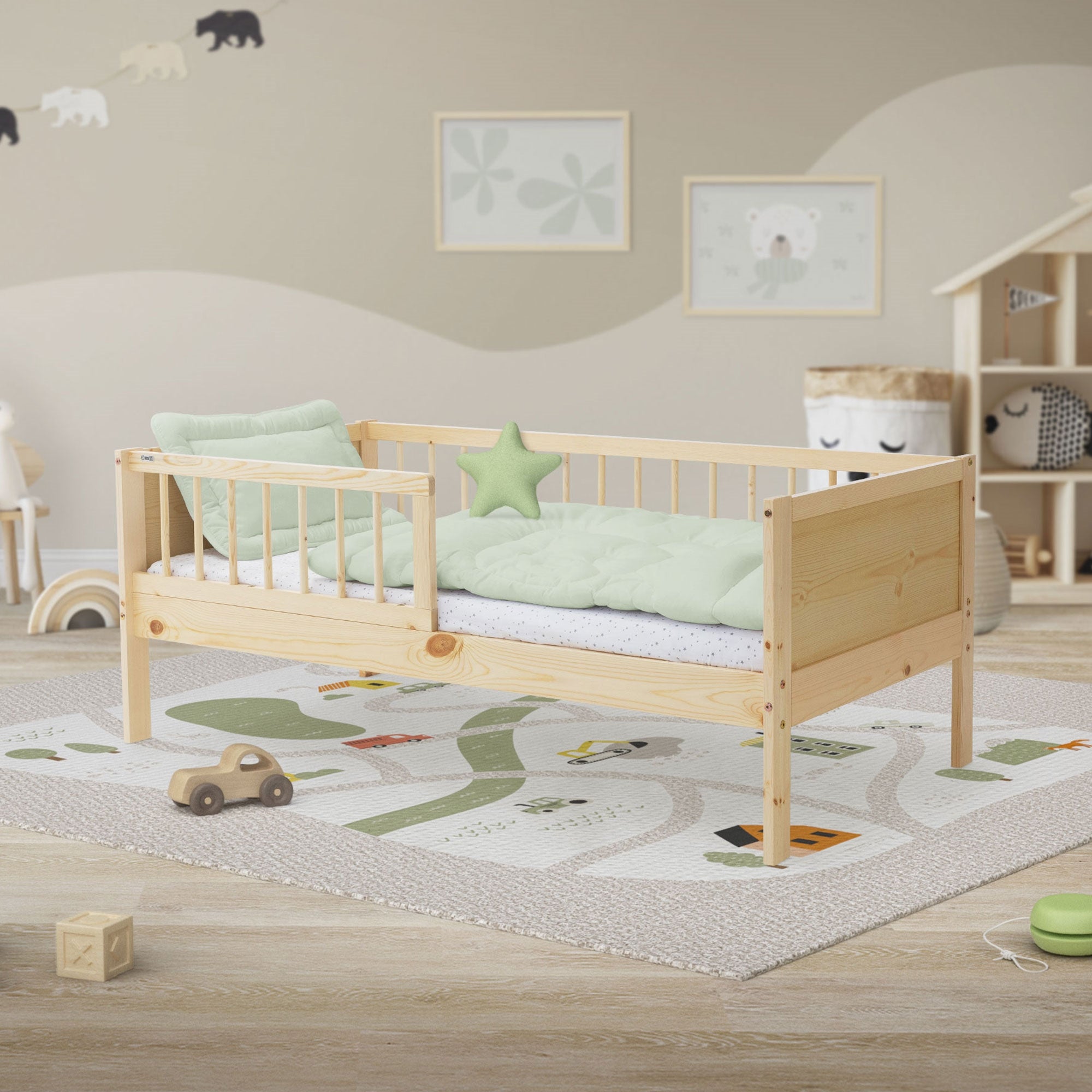 ML-Design łóżko dziecięce 70x140 cm naturalne z barierką sosnowe ze stelażem z listew zabezpieczenie przed upadkiem idealne dla chłopców i dziewczynek