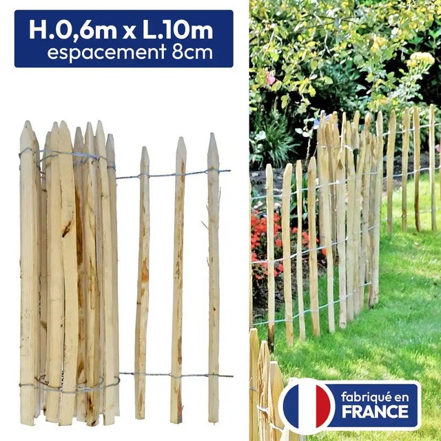 Ganivelle - clôture châtaignier - H.0,6 x L.10 m - espacement 8 cm