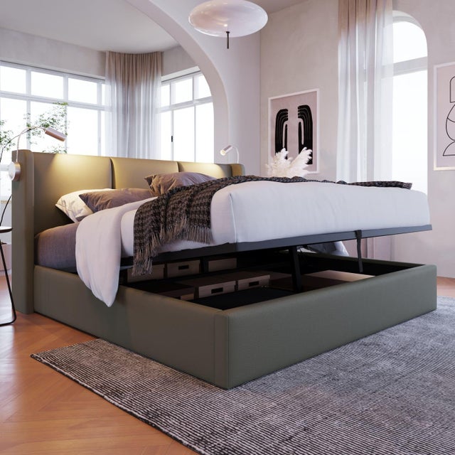 KOMHTOM Letto matrimoniale per adulti 160x200, rivestimento in PU per adolescenti, grigio (senza materasso)