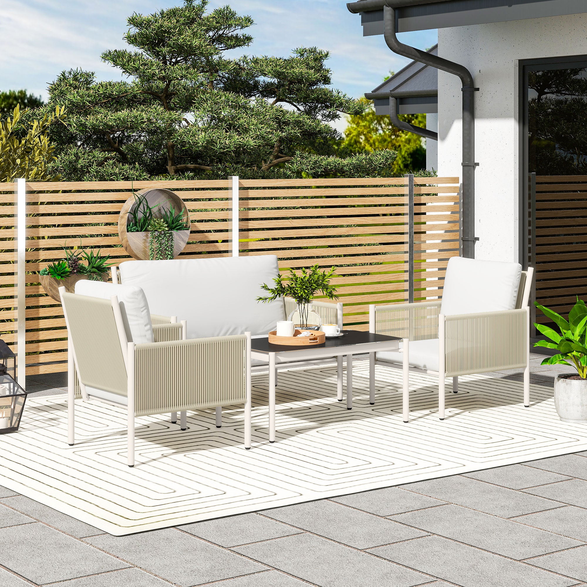 Zestaw ogrodowy polyrattan, sofa 2-osobowa, fotel, stół, poduszki, odporny na warunki atmosferyczne, brązowo-szary
