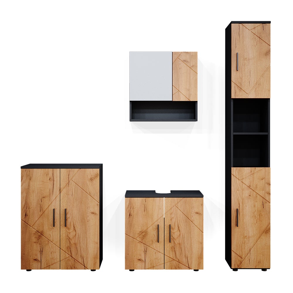 Vicco Zestaw mebli łazienkowych Irma, Złoty dąb power/antracyt, 4 części, z wysoką szafką i komodą