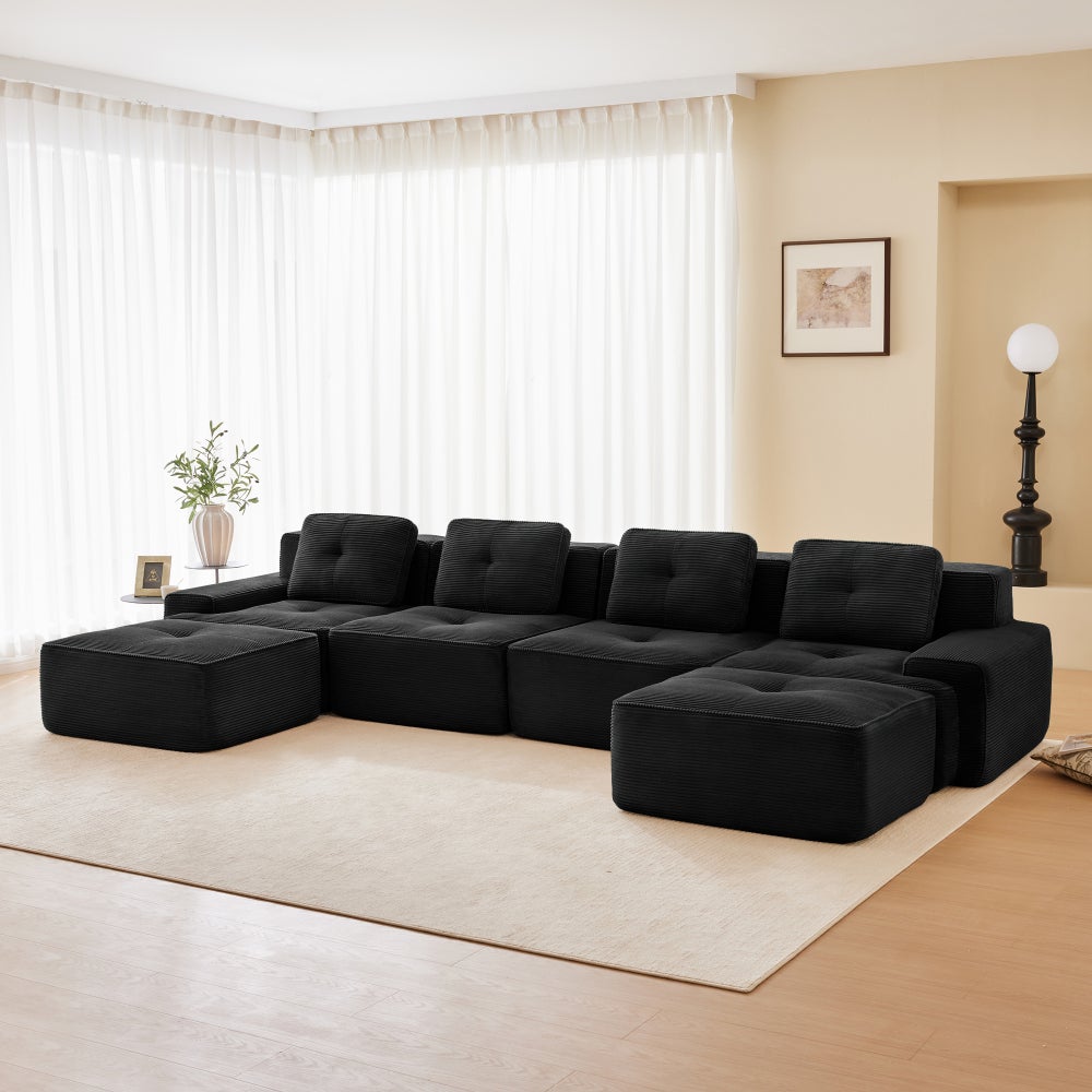 Sofa modułowa w kształcie litery U, sztruks, głębokie siedzisko, z szezlongiem, 4-osobowa, czarna