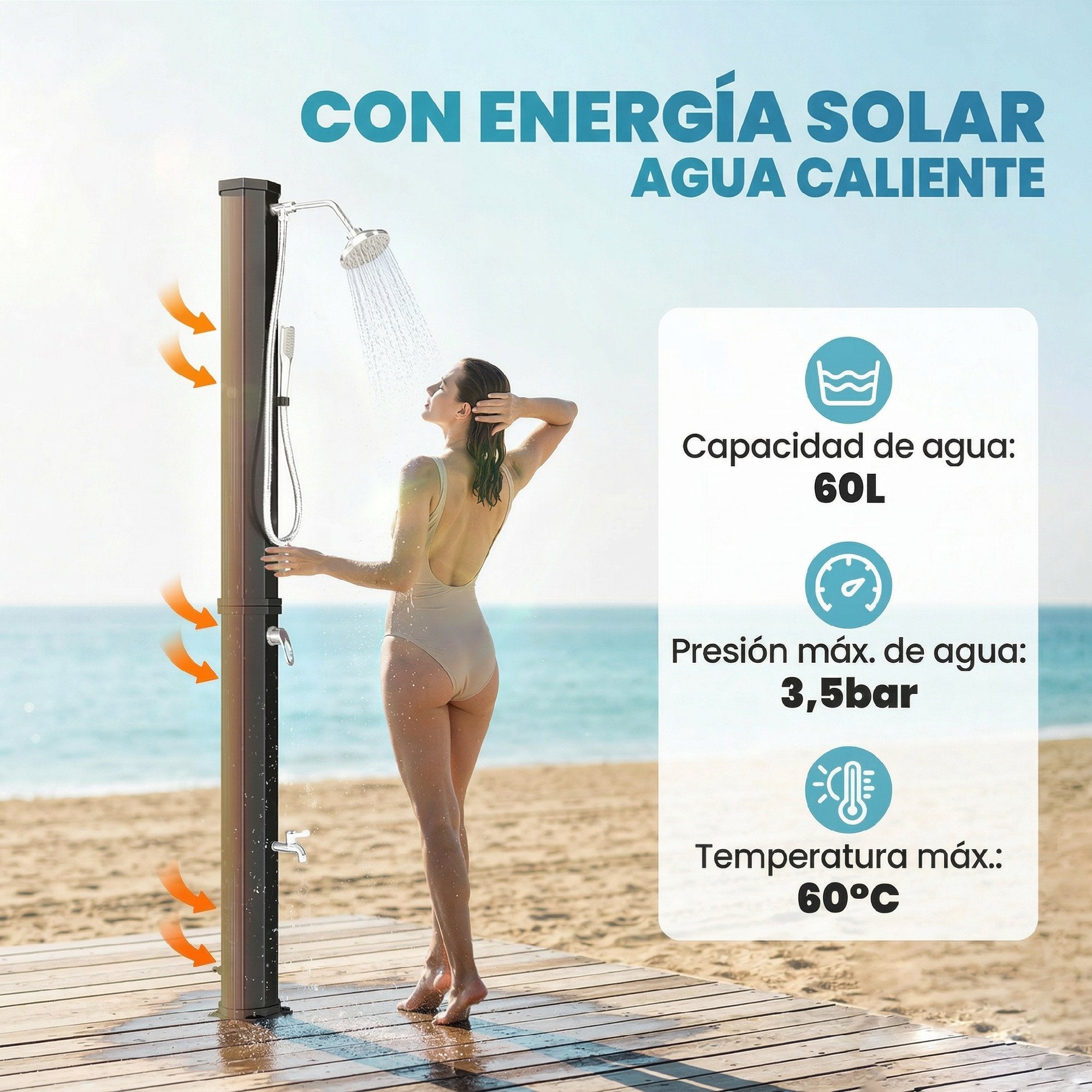 Douche solaire de jardin 60L avec pomme de douche manuelle, robinet à pied et température réglable : maximum 60 °C pour piscine noire - 6