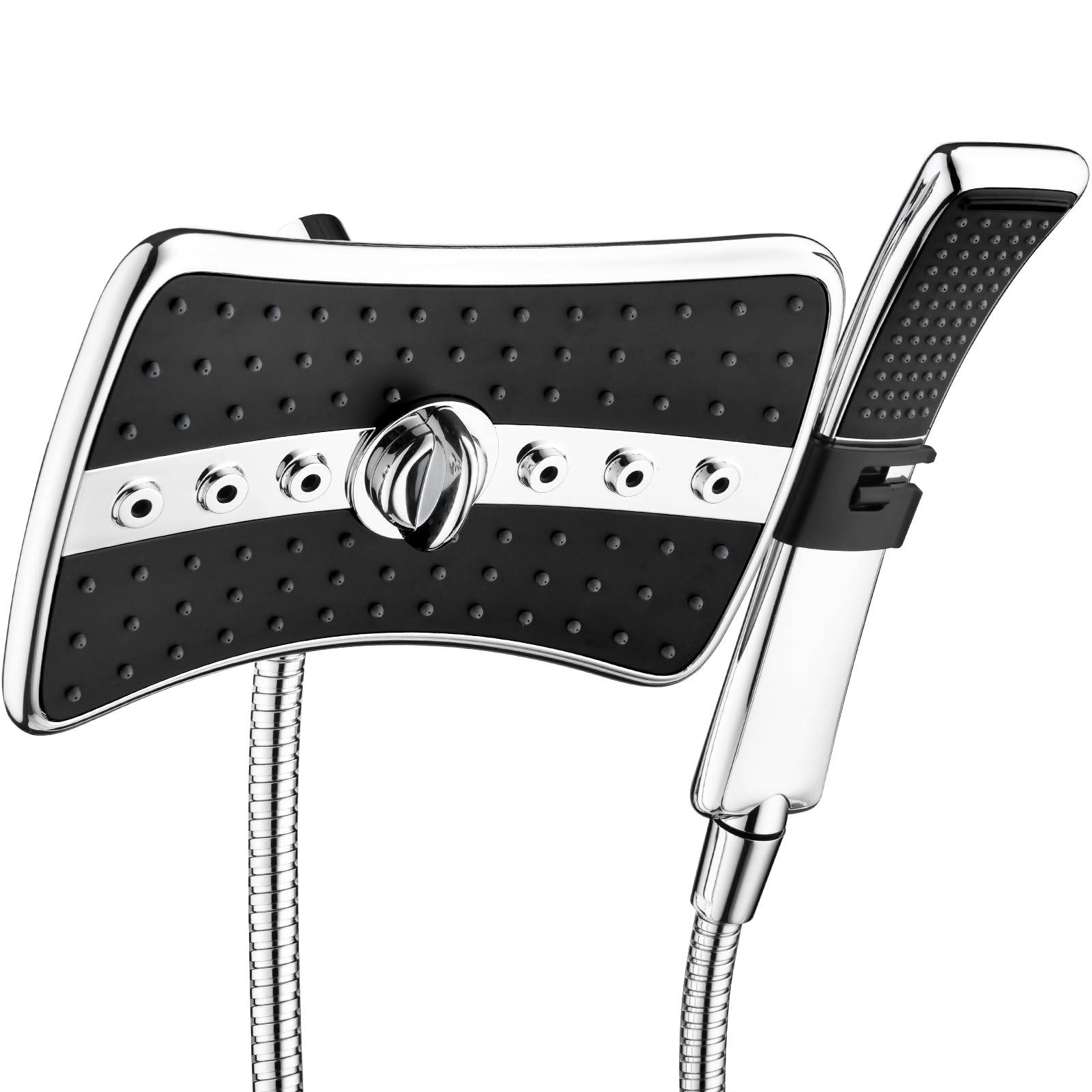 Set Soffione Doccia Doppio - Pioggia E Manuale, Nero E Cromo, Con Tubo Acciaio 152 Cm