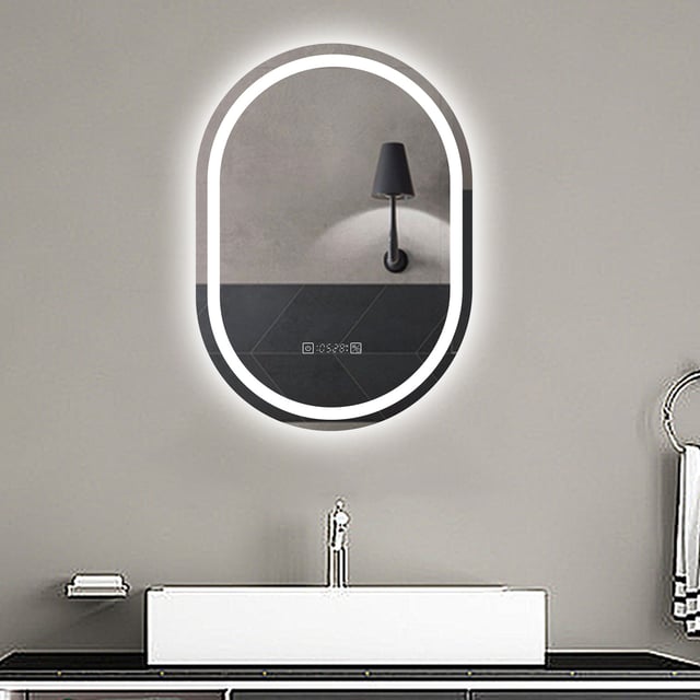 Aica Espejo de baño LED 50×70cm,reloj,antivaho,luminosidad regulable,ovalado