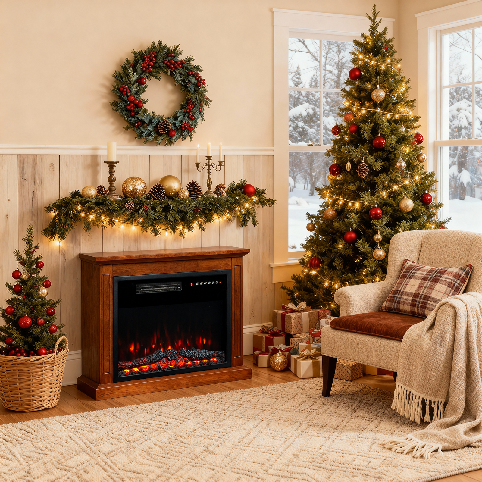 HOMAVO 23" Kominek Elektryczny z Brązową Zabudową, Dwie Moce, Płomień 3D