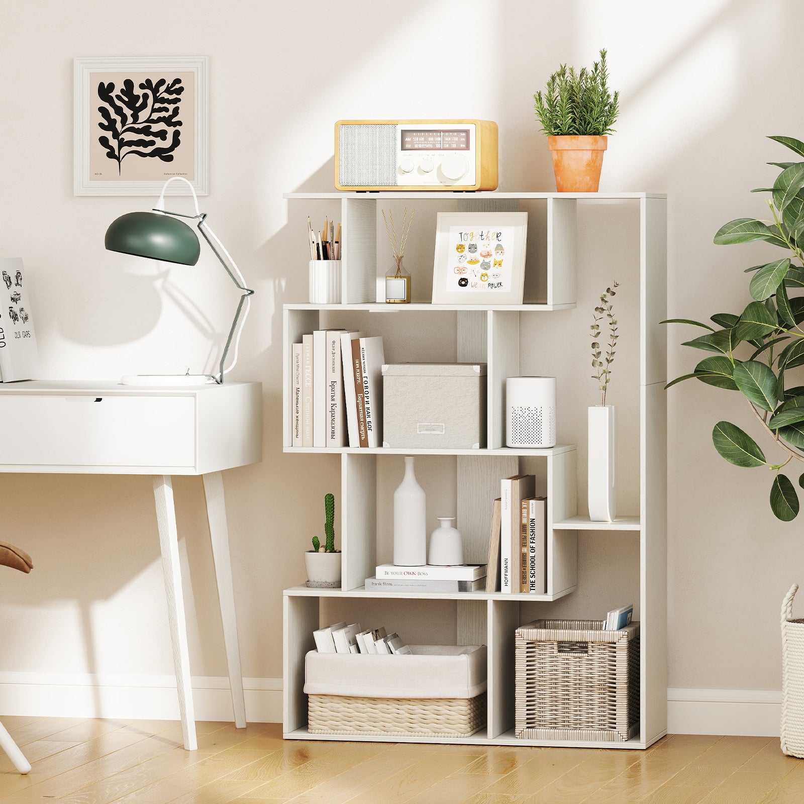 Biblioteka geometryczna z otwartym tyłem, 6 kostek z zestawami zabezpieczającymi przed przewróceniem, samodzielna półka, salonu, sypialni - 7