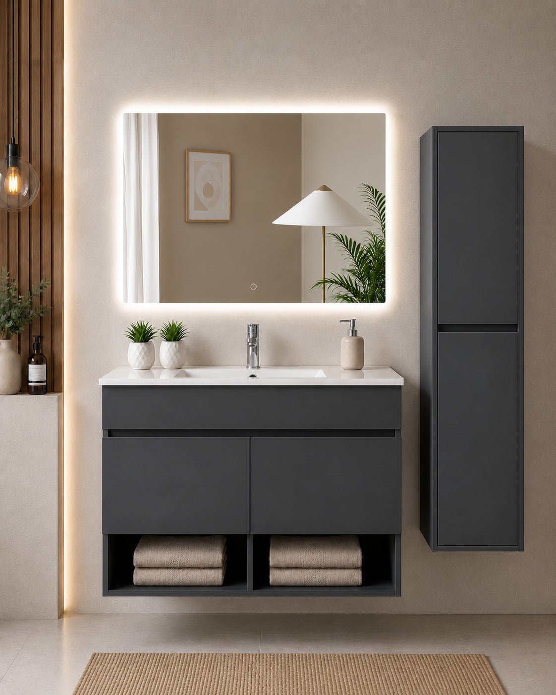 Mobilier de baie suspendat cu lavoar ORIGENBATH NEBARI cu uși cu coloană 90x45 cm grafito cu coloană