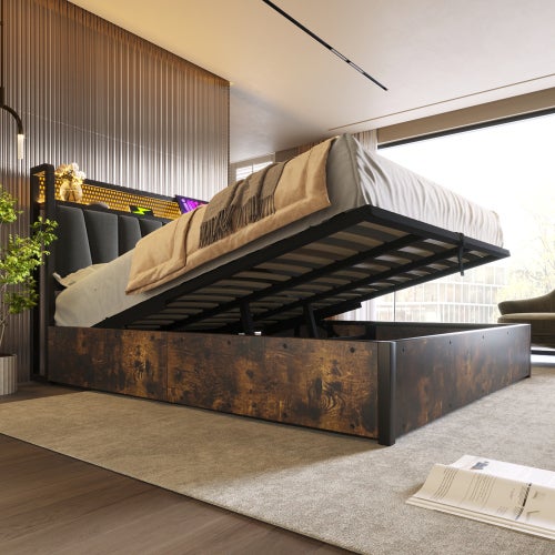 Lit coffre 180x200 cm Lit Double lit Rembourré avec LED Contrôlée par App et Chargeur USB - Structure Métal et Sommier Bois - Moderne - Gris - 8