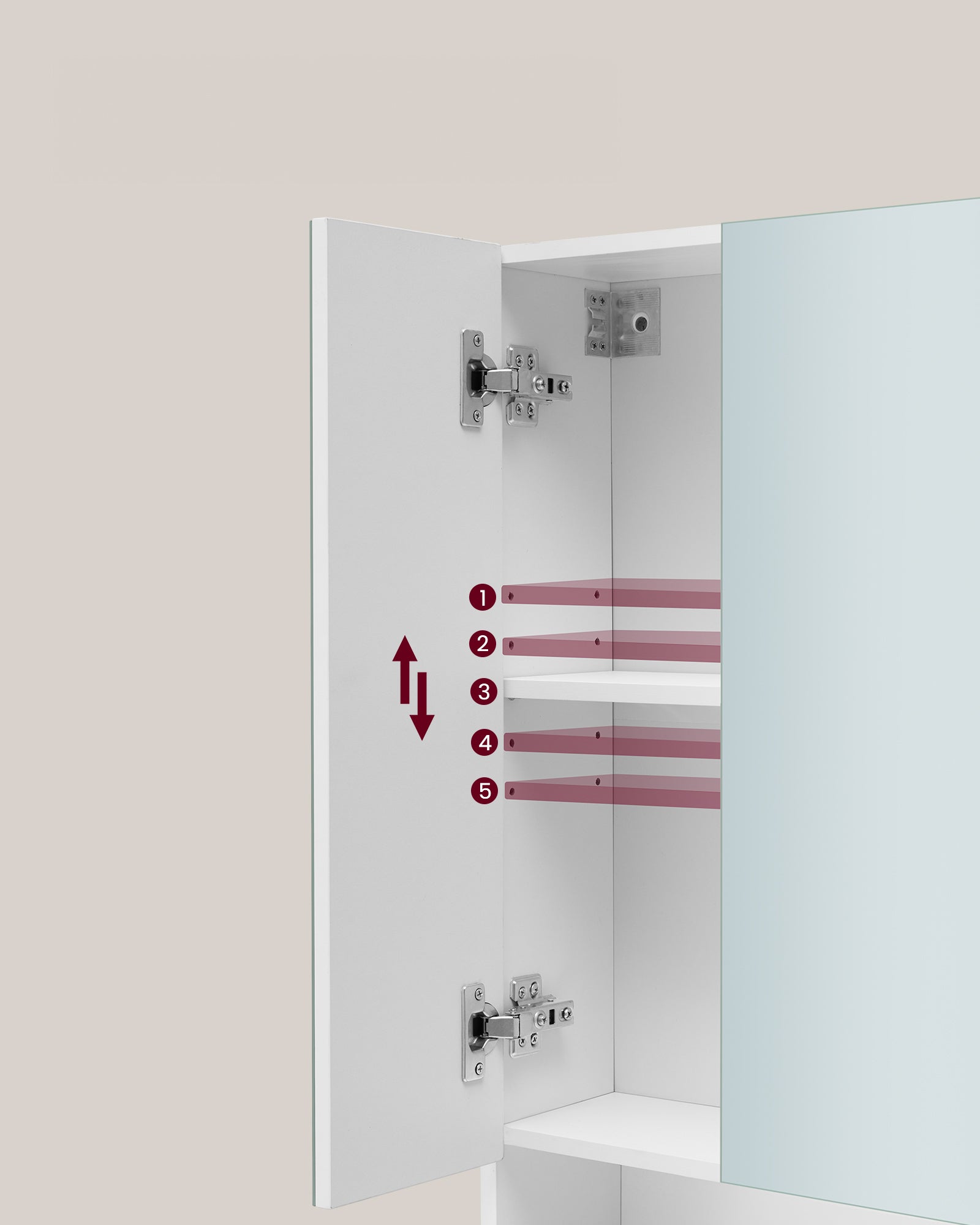 Armoire de Salle de Bain avec Portes Miroir, Armoire Murale à Miroir, Compartiment Ouvert, Étagères Réglables, 16,5 x 70 x 75 cm, Blanc Nuage - 4