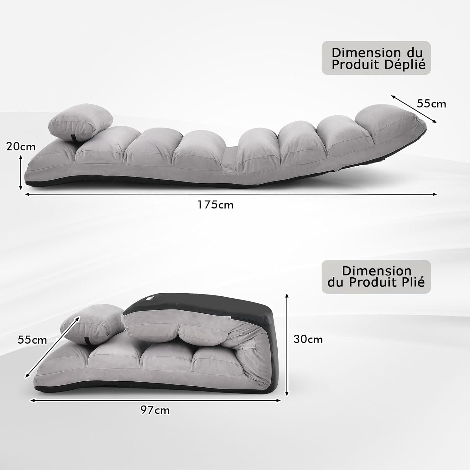 Fotel Podłogowy 175 x 55 x 20 cm z Oparciem Regulowanym w 5 Pozycjach, Kanapa Typu „Leniwa” z Poduszką, Szary - 2
