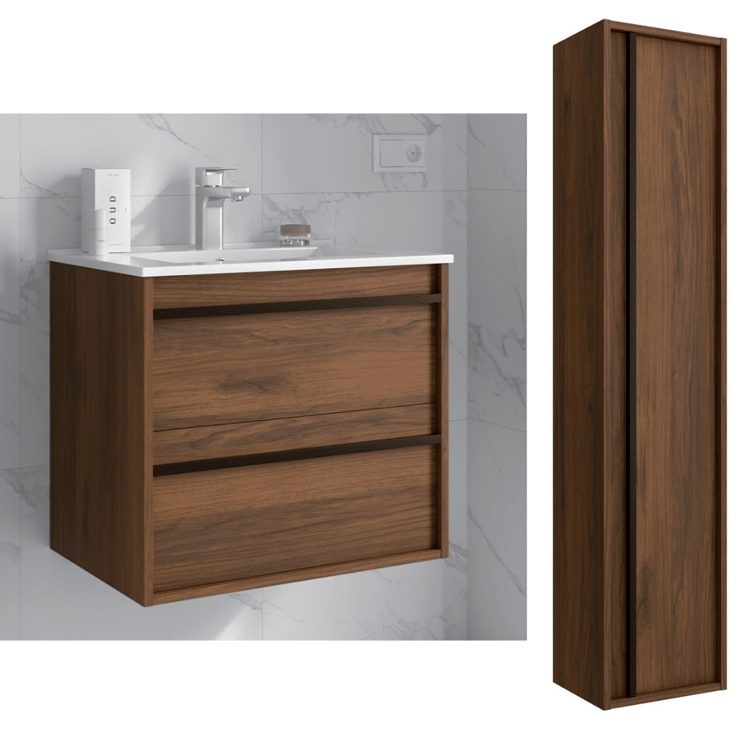 SageFurned Étagère Salle De Bain Avec Ventouse 40 Cm - Bois De Noyer, Cadre Aluminium Noir - Rangement Sans Perçage