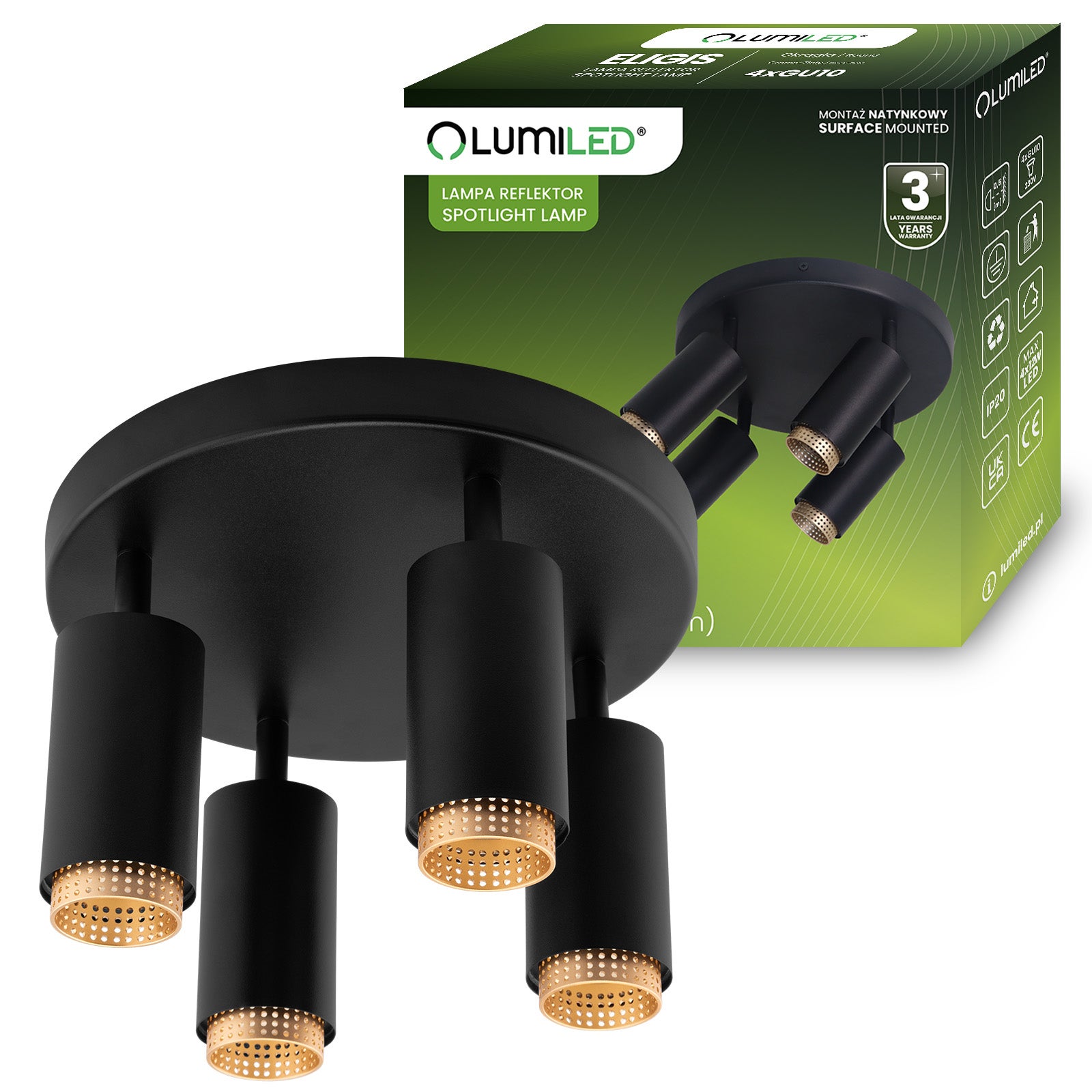 Lampa Sufitowa Lumiled Reflektor 4x GU10 Plafon ELIGIS Czarny