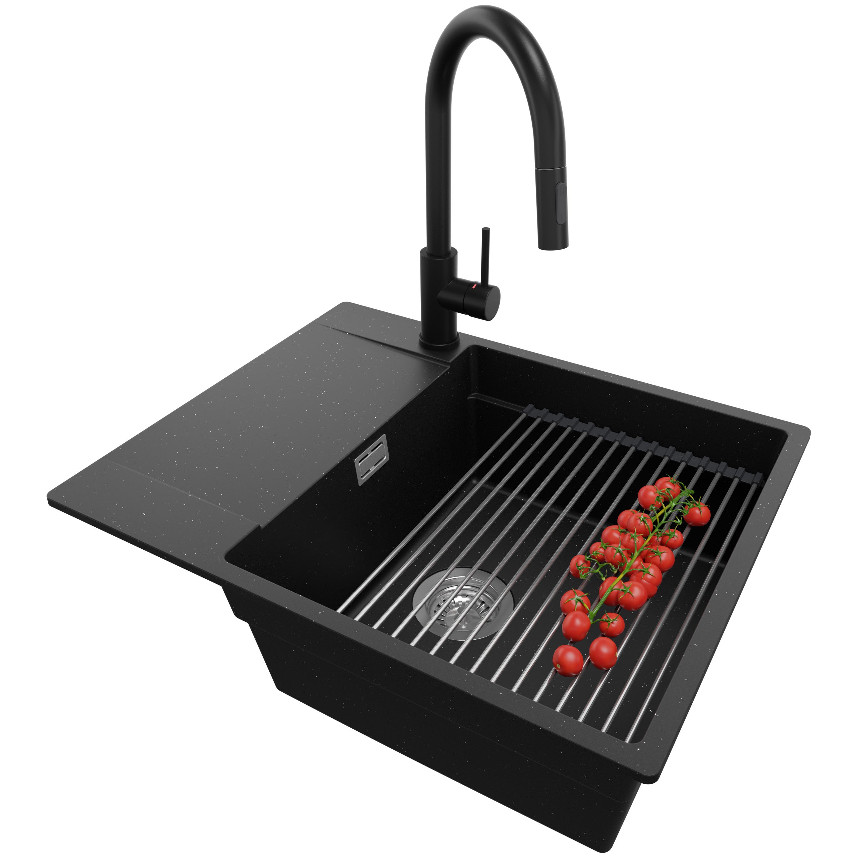 PRIMAGRAN Fregadero Granito Negro Metallic 58x53cm, Fregadero Cocina 1 Seno + Sifón + Accesorios
