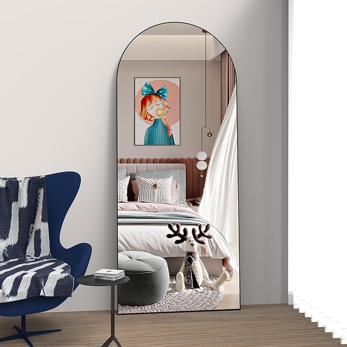 Specchio a figura intera 165 x 60 cm, specchio da terra con cornice in alluminio, specchio da appoggio liscio ad arco, nero - 6