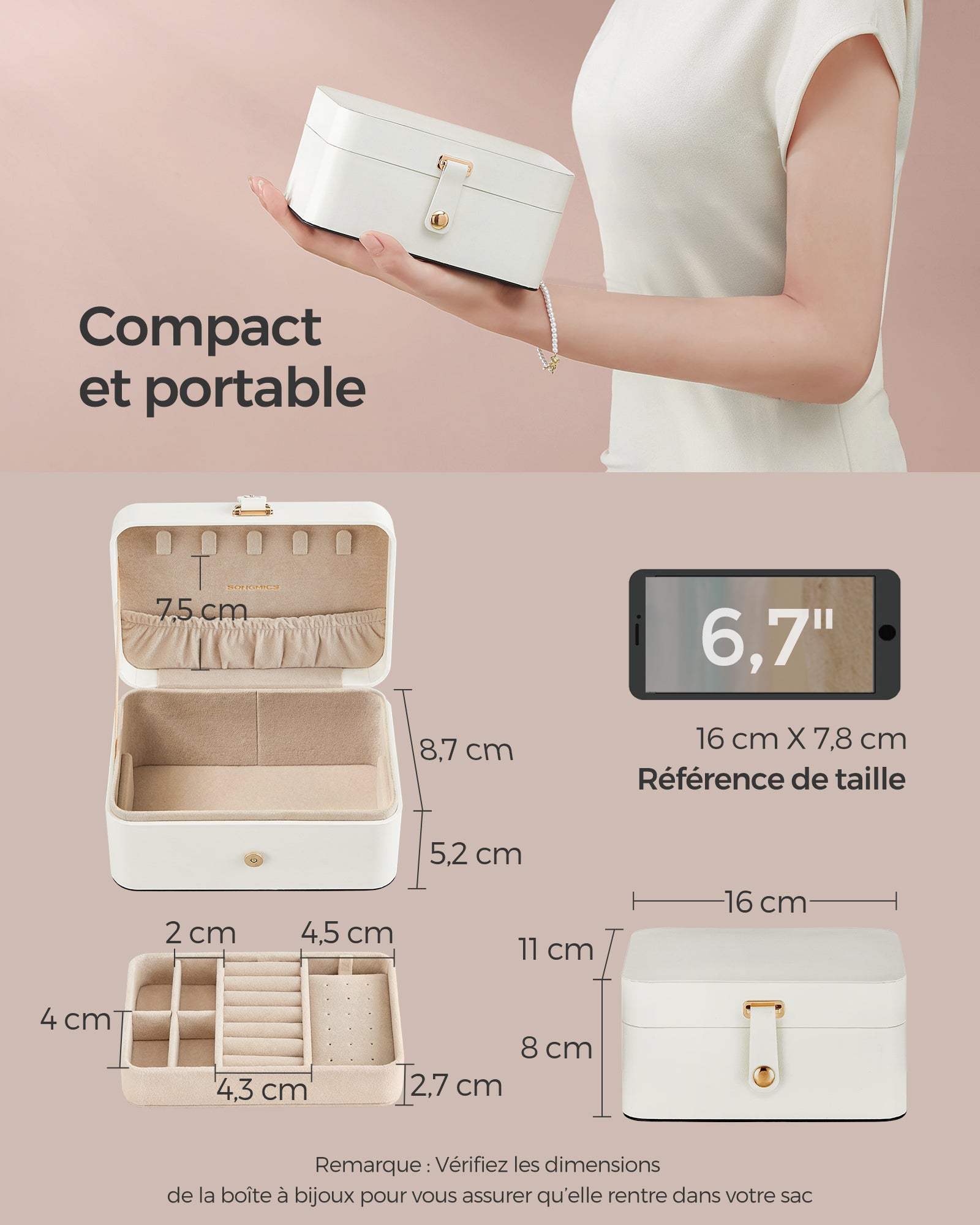 Boîte à Bijoux de Voyage, Petit Écrin à accessoires, Rangement Bijoux à 2 Niveaux, Trousse de Voyage, pour Accessoires, 11 x 16 x 8 cm, Blanc Nuage - 5