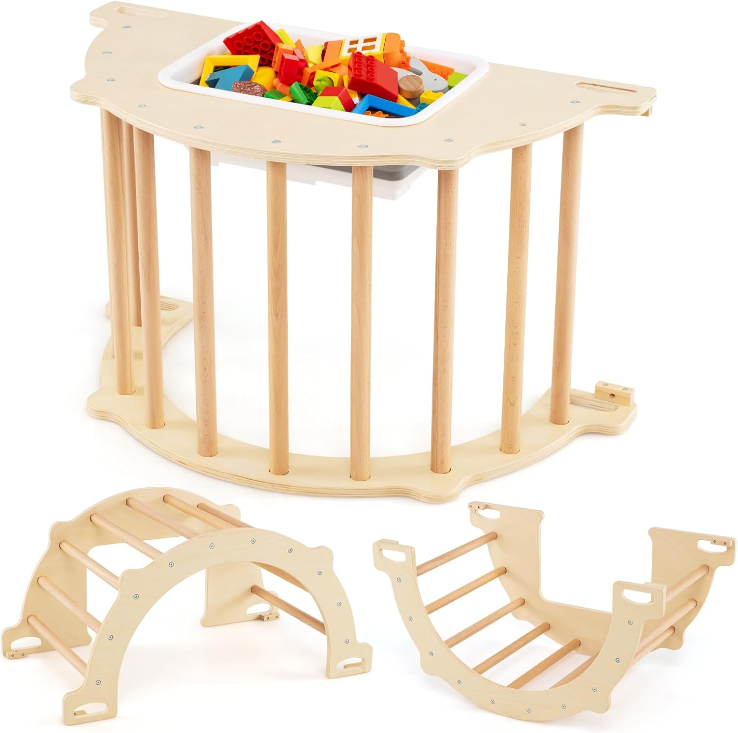 8w1 Drewniana Drabinka Montessori z Konikiem na Biegunach i Pojemnikiem, dla Dzieci 3+, Maks. 50 kg (80x47x41CM|L, Naturalny).