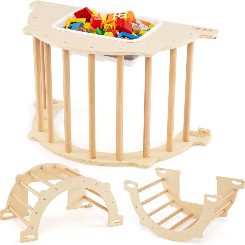 8w1 Drewniana Drabinka Montessori z Konikiem na Biegunach i Pojemnikiem, dla Dzieci 3+, Maks. 50 kg (80x47x41CM|L, Naturalny).