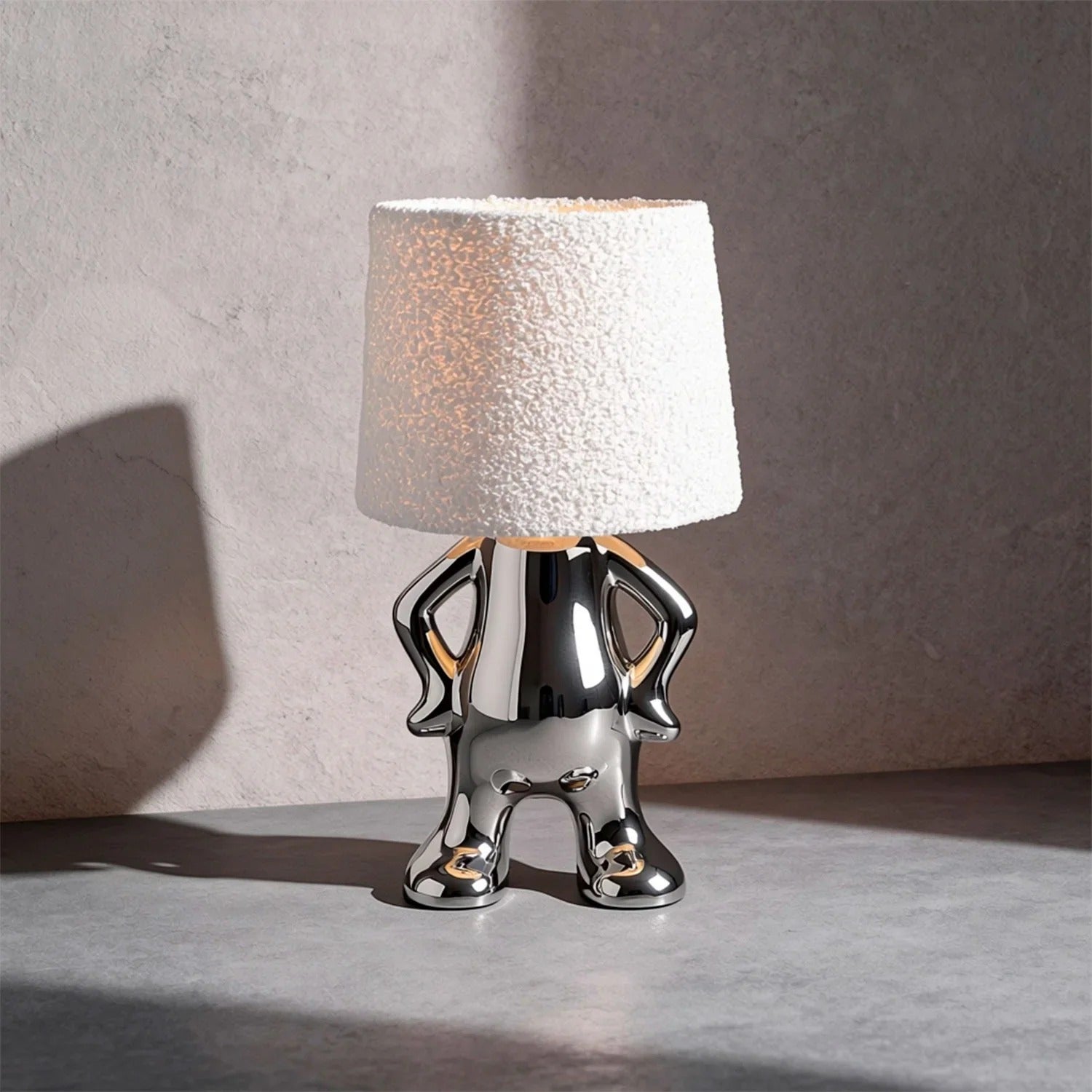 Lampa stołowa designerska ceramiczna chrom ludzik kremowy puszysty abażur do salonu sypialni 1xE14 40W SMURFY Rabalux