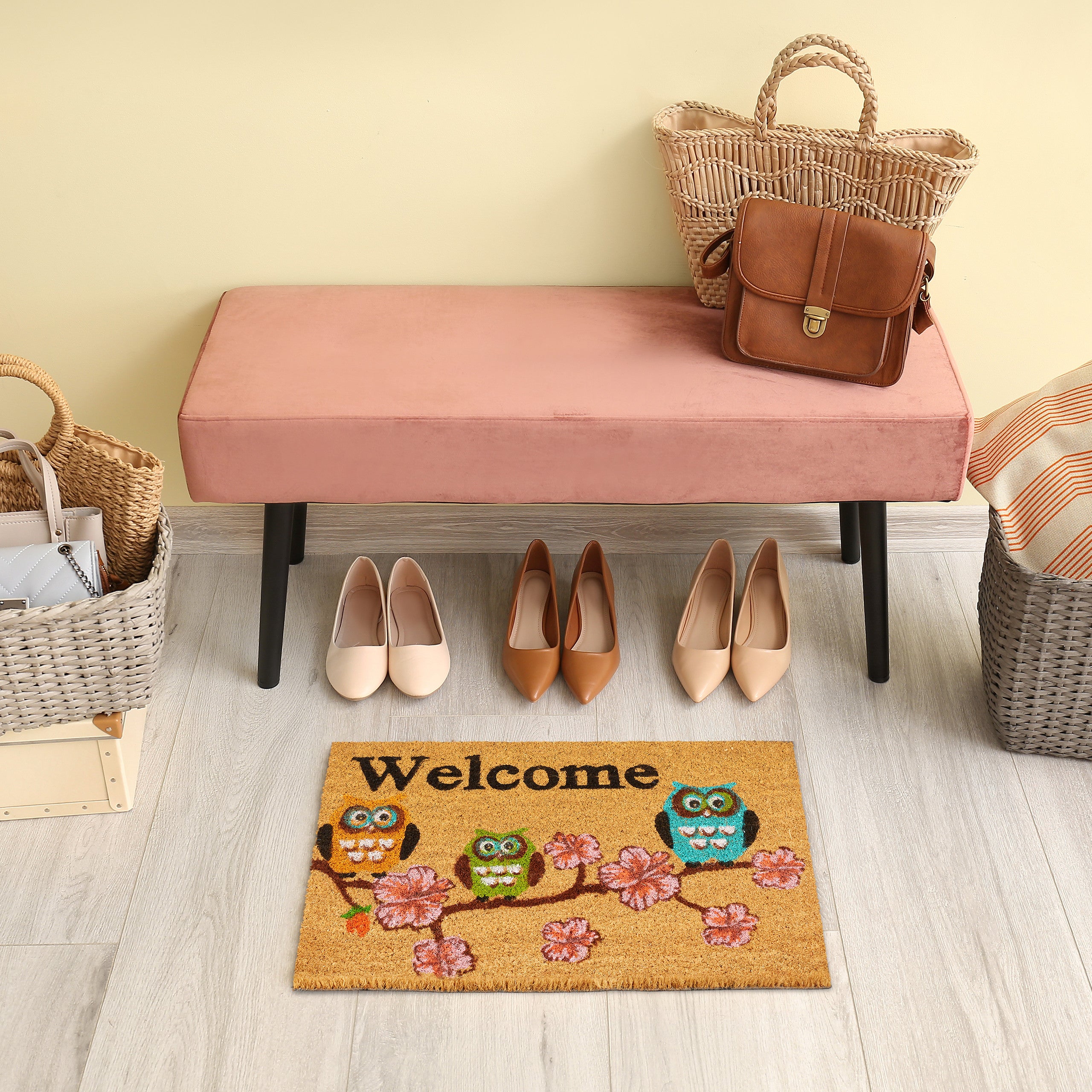 Zerbino Ingresso Welcome Con Gufi 60x40 Cm - Tappeto Antiscivolo In Fibra Di Cocco Per Esterni E Interni