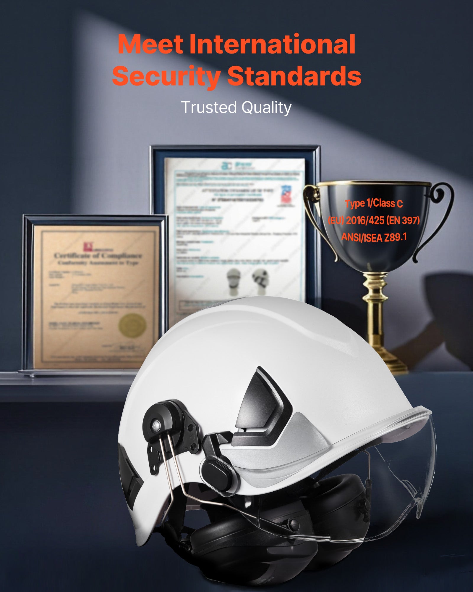 Casque de Sécurité Industriel VEVOR ABS Certifié ANSI/ISEA Z89.1 avec Visière, Cache-Oreilles et Suspension à Cliquet 6 Points Ajustable et Ventilée - 2