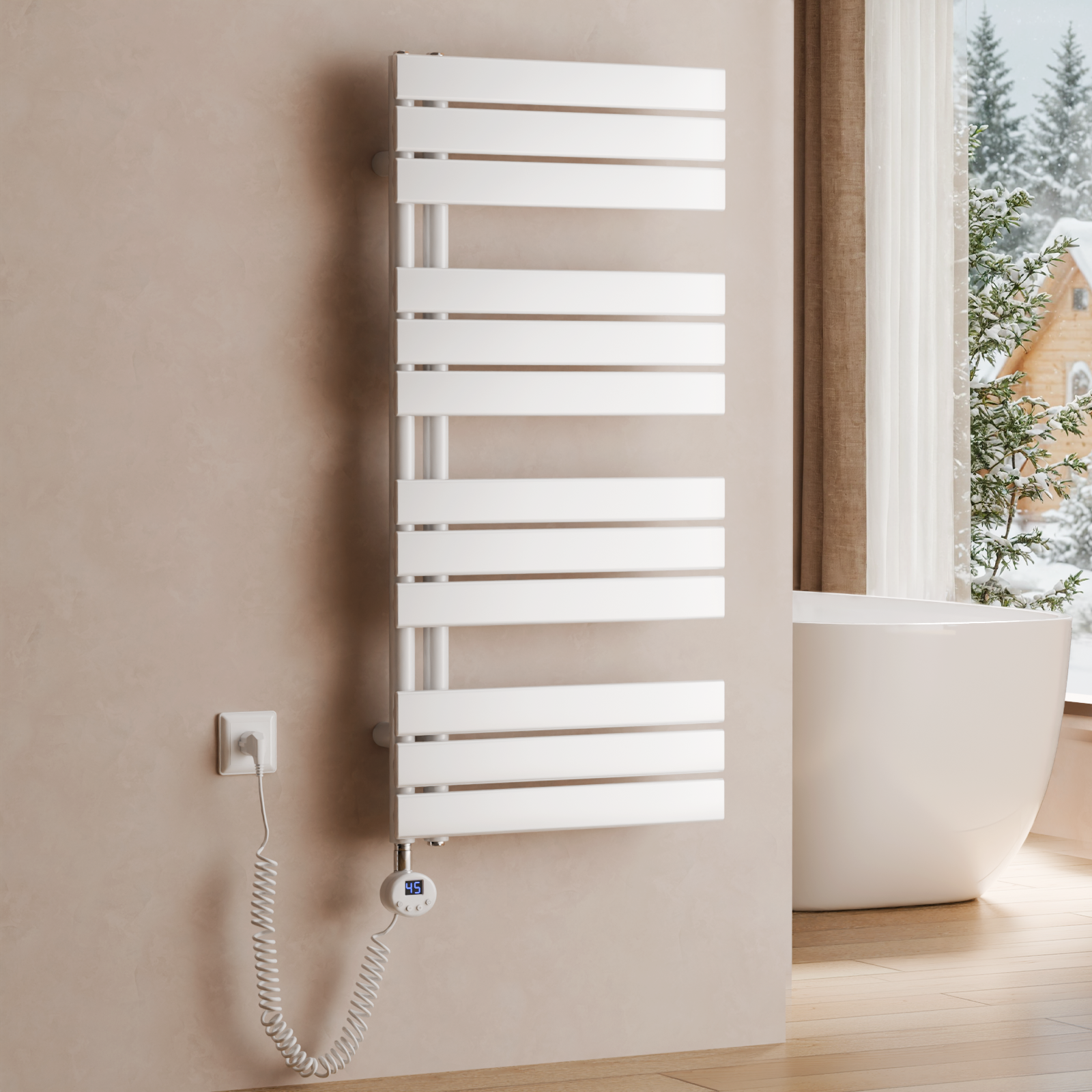 Grzejnik łazienkowy elektryczny WiFi z inteligentnym termostatem – Zdalne sterowanie przez aplikację, montaż na ścianie, biały, 104 × 50 cm, 600 W