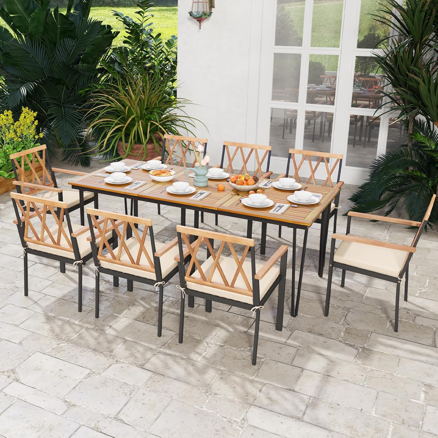 Table à Manger Extérieur en Bois d'Acacia-Certifié FSC pour 8 Personnes, Table de Jardin 200 x 90 cm Design Latte avec Trou φ5 cm pour Parasol - 7