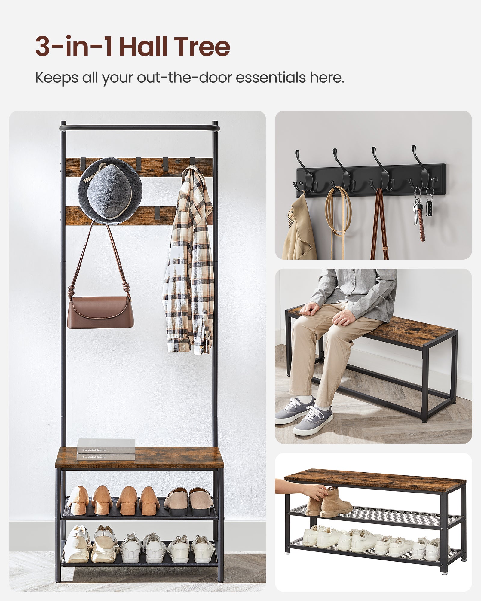 Vestiaire D’entrée, Avec Banc Et Étagère À Chaussures, ‎32.2 X 64 X 180 Cm, Style Industriel - 3