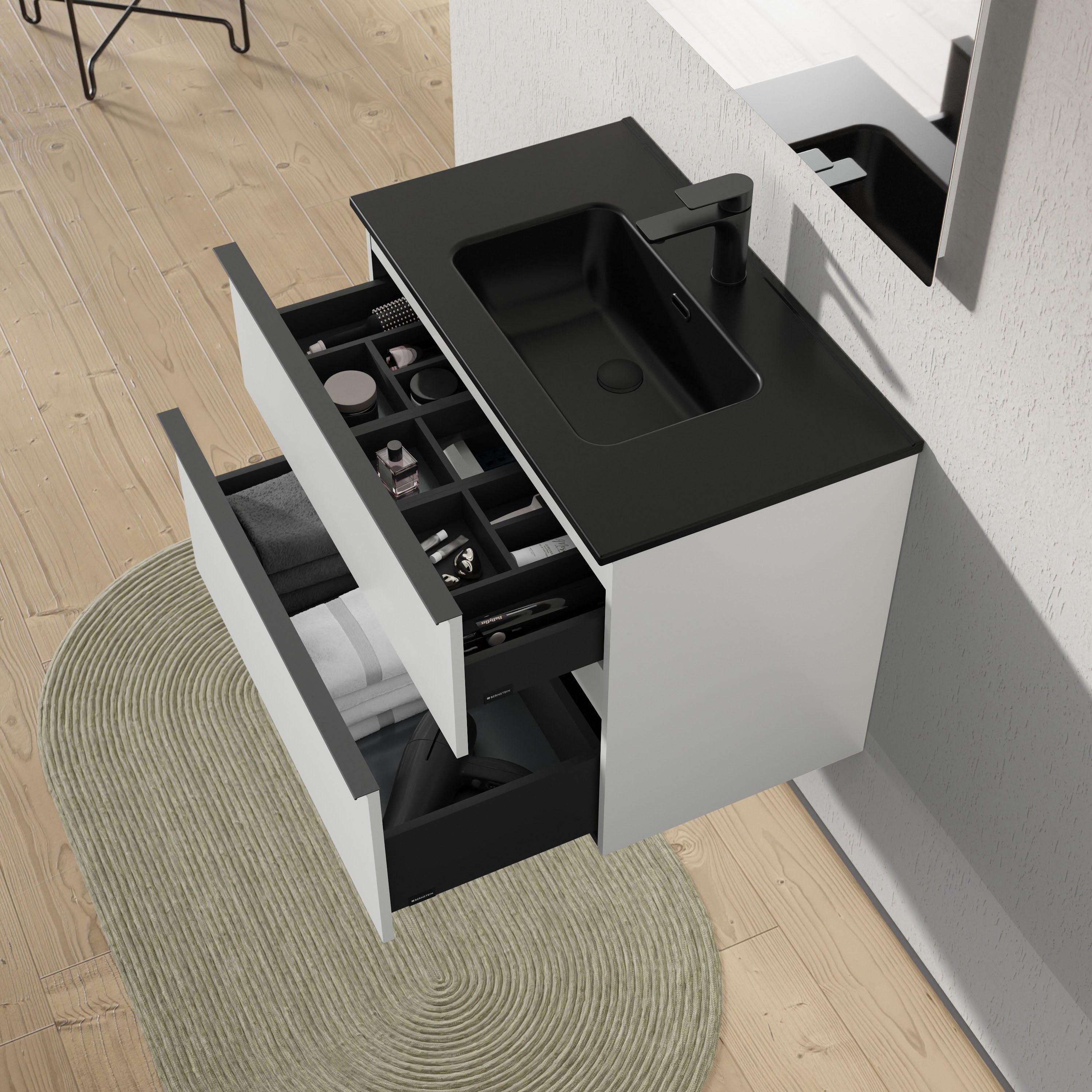BERNSTEIN - Meuble de salle de bain suspendu, meuble vasque noire 2 tiroirs - Garantie 5 ans - Poignée Anthracite - 64x81x47cm - Blanc mat - LAVOA - 2
