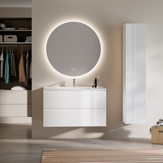 Feel Your Bath, Mobile Bagno PANTER Bianco 100 cm, 2 Cassetti, Lavabo in Ceramica Integrato e Specchio Rotondo LED