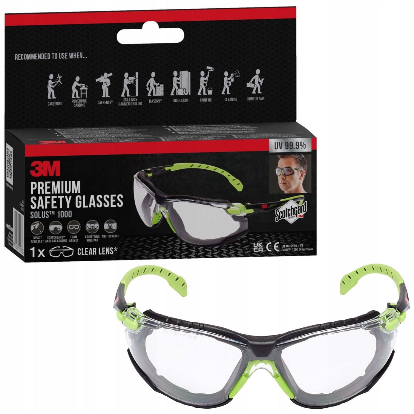 3M™ Solus™ 1000 okulary ochronne z powłoką Scotchgard™ S1CGC1, zielono-czarna oprawka, bezbarwne soczewki, z pokrowcem, 1 szt.